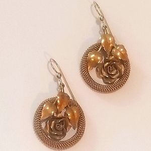 Vintage/antique  gold hoop and flower dangle earrings for pierced ears
